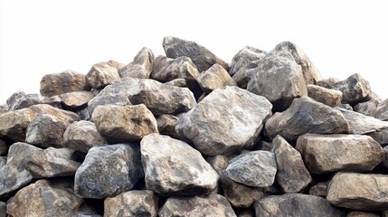 Pile of grey and brown rocks isolated on white background.