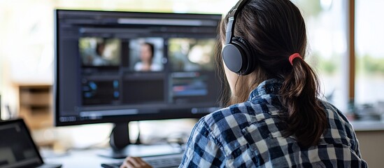 Woman editing video on computer.