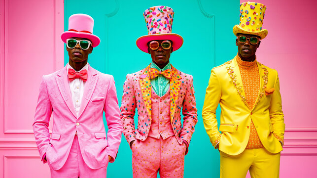 Three men in colorful suits and top hats standing in front of a pink and blue wall - Powered by Adobe