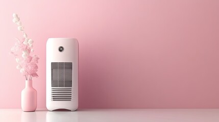 White air purifier and pink vase with flowers against a pink wall