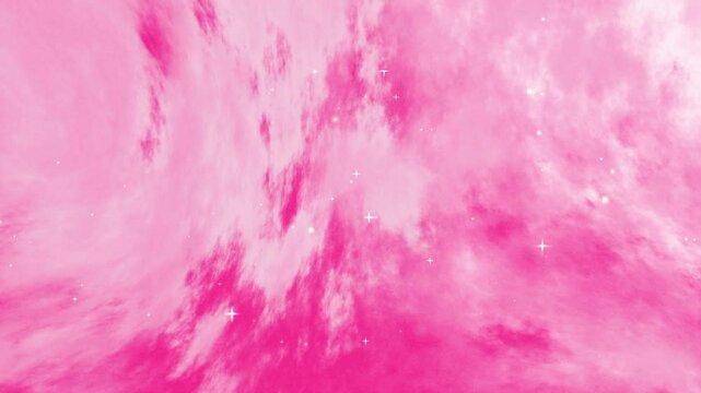 A vibrant pink cosmic background animation with swirling clouds and sparkling stars, evoking a dreamy, otherworldly atmosphere.