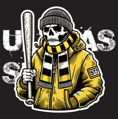 illustration vector graphic of Skull head Football fans ultras hooligan wear yellow jacket with black white scarf design for logo, t-shirt, etc
