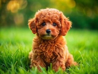 Fototapeta premium Adorable Red Toy Poodle Puppy Sitting on Green Grass - Macro Photography