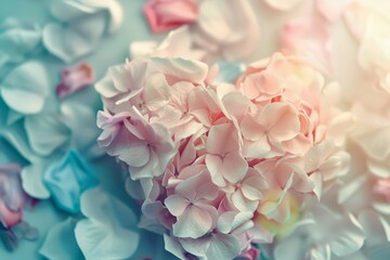 A close-up image of a pink hydrangea bloom, forming a heart shape against a soft teal background, A peaceful heart-shaped background filled with pastel colors