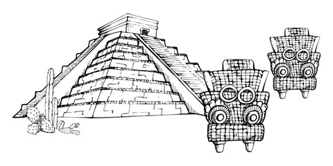 Obraz premium Mesoamerica Aztec Egyptian ancient monument, pyramid ruins heritage site, cacti, religious carved deity. Hand drawn ink vector illustration. Isolated single object for travel brochure, vacation tours