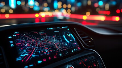 Obraz premium Night city driving view from car's navigation system.