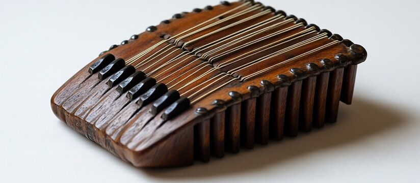 Close-up of a traditional wooden musical instrument with strings and keys, isolated on white background.