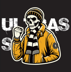 illustration vector graphic of Skull head Football fans ultras hooligan wear yellow jacket with black white scarf design for logo, t-shirt, etc