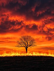 Fiery Sunset Landscape - A lone tree survives a fiery landscape, symbolizing resilience, nature's power, survival, hope, and the cycle of life.