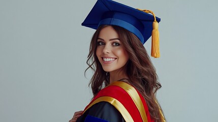 Smiling graduate woman in cap and gown, looking over shoulder.