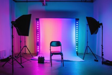 Studio setup for a photoshoot with colorful lights and a chair in a creative space