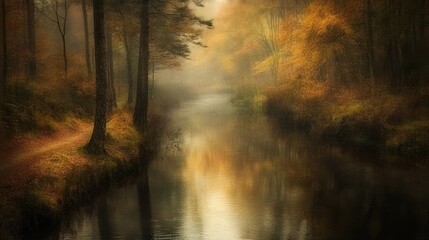 Obraz premium Autumnal Canal Path Through Misty Forest Trees