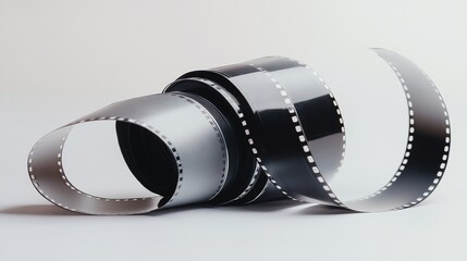 Close-up of a curled roll of 35mm film reel on a white background.