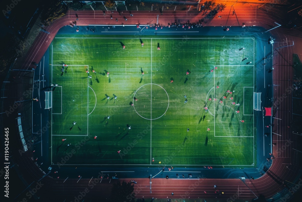 Poster an aerial view of a soccer game at night, showing the players competing on the field, exploring the 