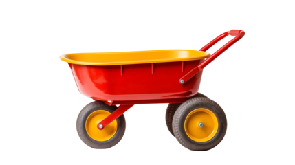 Red and Yellow Metal Wheelbarrow for Gardening and Outdoor Use