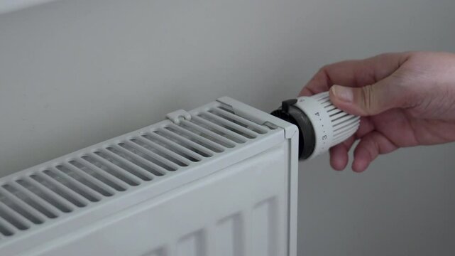 Close up female arm checking temperature radiator and adjusting thermostat knob decrease heat output makes temperature lower, energy efficiency. Heating period in house. High payments and savings