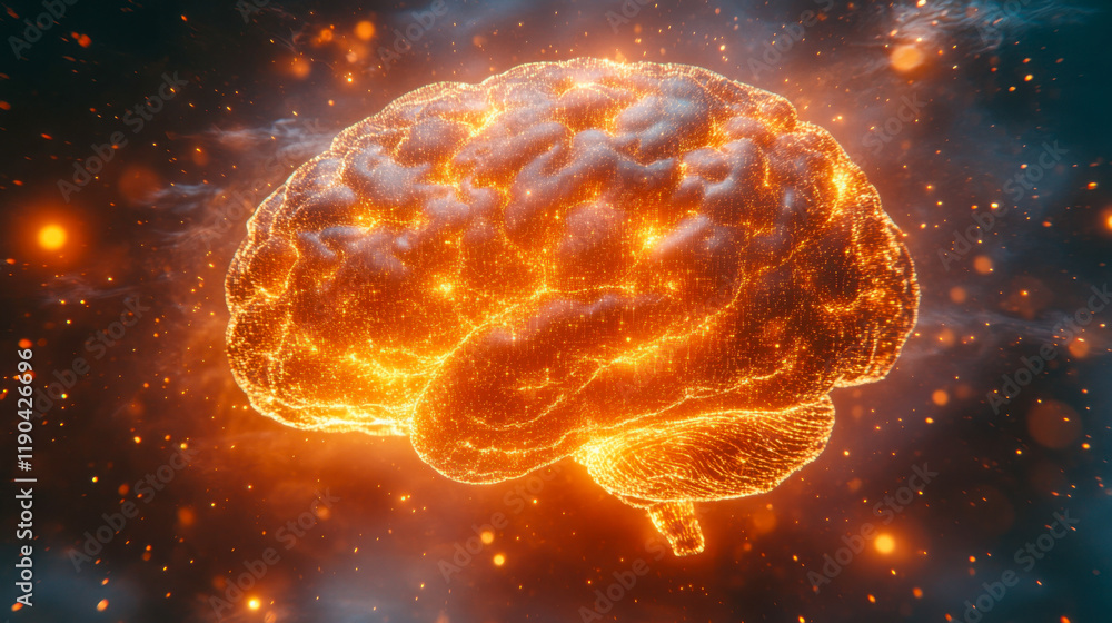 Poster visualization of a glowing brain showcasing neural connections and energy in a digital environment