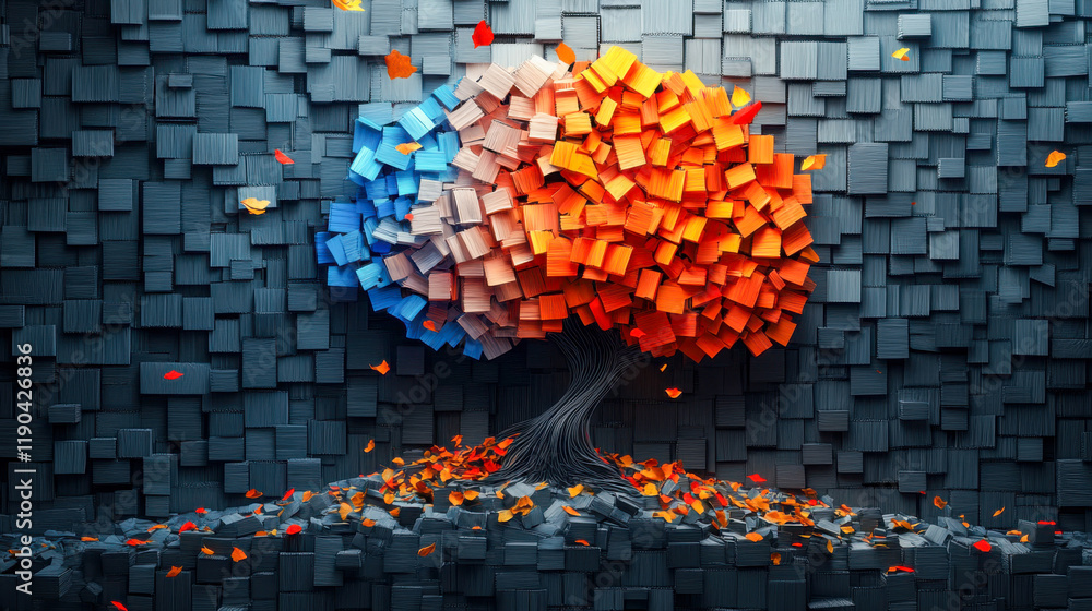 Poster colorful tree made of cubic shapes standing on a textured surface representing creativity and imagin