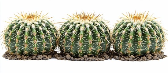 Obraz premium Three round cacti in a row on white background.