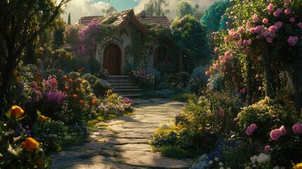 Fototapeta premium A charming stone cottage nestled in a vibrant flower garden