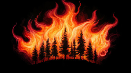 Fototapeta premium Forest Fire Inferno - Fiery flames engulf silhouetted trees, symbolizing danger, destruction, nature's power, resilience, and rebirth.