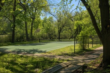 A tranquil outdoor pickleball court nestled amidst a canopy of green trees, A serene outdoor pickleball court surrounded by trees and greenery