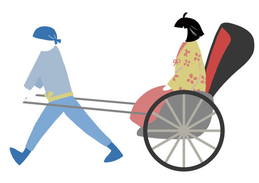 人力車に乗った日本の和服着物を着た女性と、人力車を引っ張る男性のイラスト