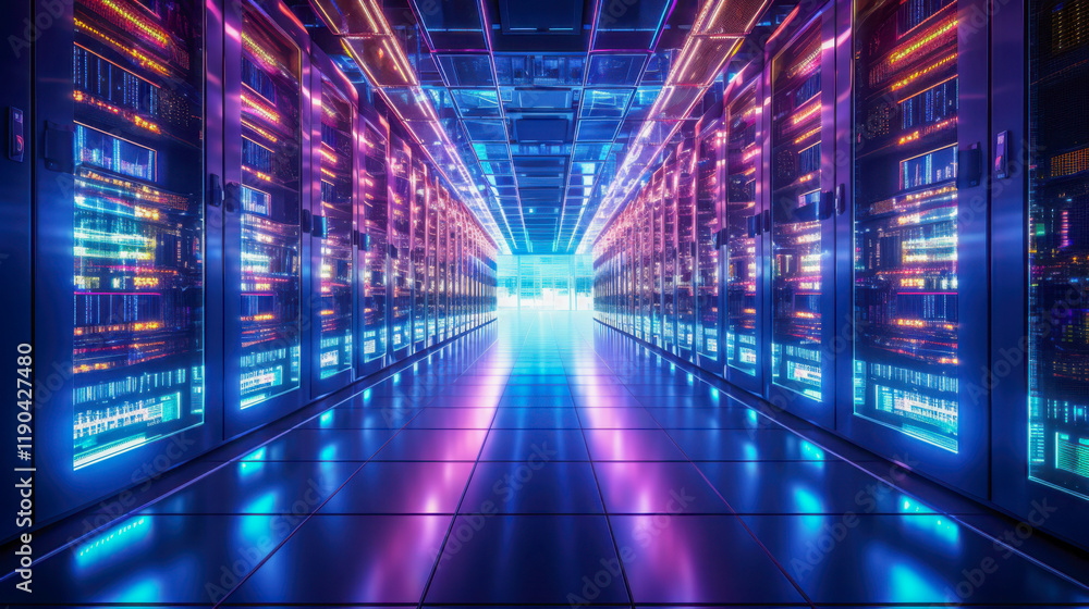 Poster illuminated data center with colorful led lights creating a futuristic atmosphere during nighttime o