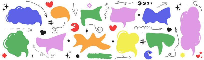 Trippy playful Speech Bubbles collection isolated white background. Set of empty Organic Shape speak Frame. Vector chat talk and Arrows pack. EPS 10