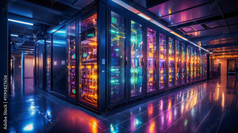 Poster modern data center showcasing colorful illuminated server racks in a high-tech environment during ni