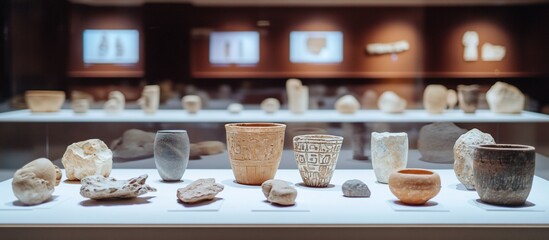 Fototapeta premium Museum display showcasing ancient pottery and stone artifacts.