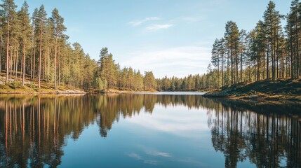 Obraz premium Tranquil Lake Reflected in Serene Pine Forest