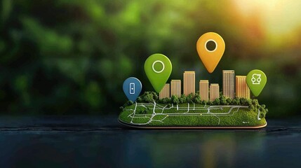 A miniature cityscape with colorful location pins on greenery, symbolizing urban planning and smart technology in a sustainable environment.