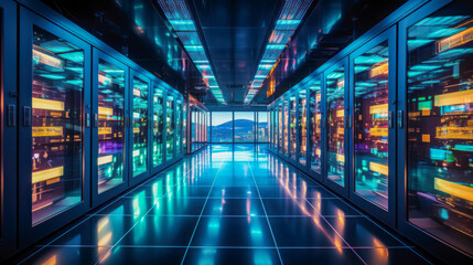Obraz premium Brightly lit hallway in a modern data center showcasing rows of servers against a scenic mountain backdrop