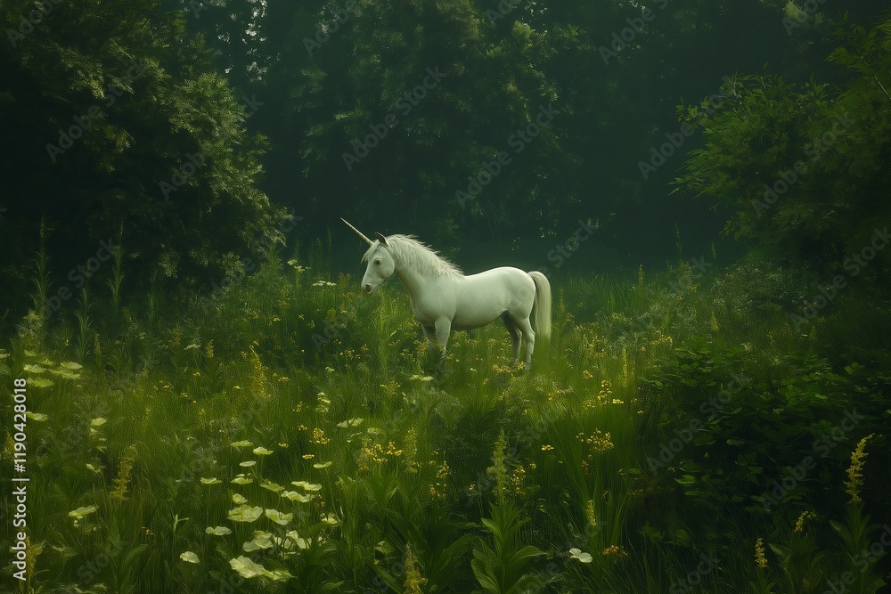 Poster unicorn standing in an enchanted meadow