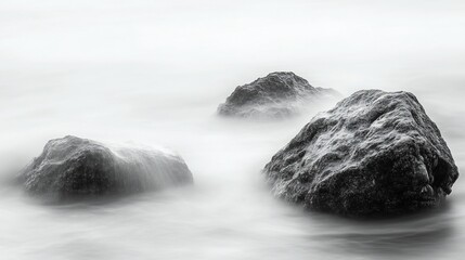 Three rocks in misty ocean water, long exposure black and white photography.