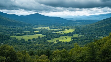 Fototapeta premium Mountain Valley Landscape Green Trees Cloudy Sky
