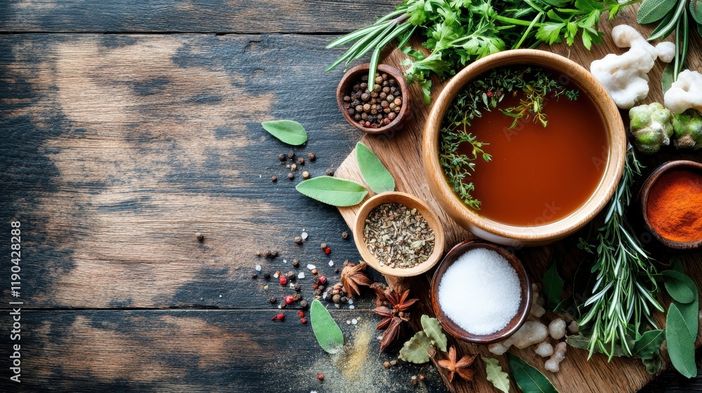 Poster wooden table displaying an assortment of various spices in small containers and jars