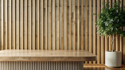 A contemporary wooden display table sits in front of a stylish wooden slatted wall