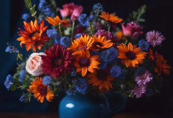 A vibrant bouquet of colorful flowers including red, orange, blue, and pink blooms against a dark background.