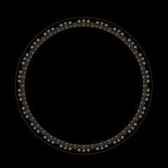 Round frame with golden floral ornament on black background. European ornament. Border, frame, circle, ring Ancient Greece, Roman Empire. For household utensil, textile, embroidery, porcelain