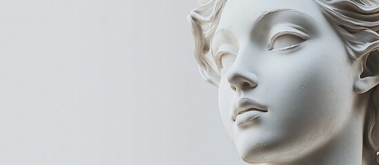 Close-up of a classical white marble female bust, serene expression, soft light.