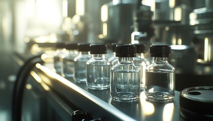 Automated System Precisely Filling Glass Vials with Liquid on Conveyor Belt in Factory Setting, Highlighting Sterile Manufacturing Process