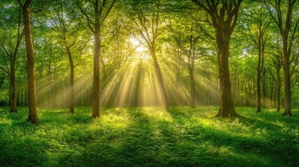 Obraz premium Sunbeams Illuminate Lush Green Forest Canopy