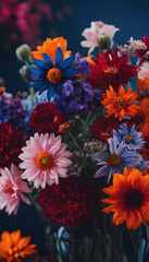 Fototapeta premium A vibrant bouquet of colorful flowers including red, orange, blue, and pink blooms against a dark background.