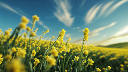 Obraz premium Yellow flowers blooming in cultivated field under blue sky