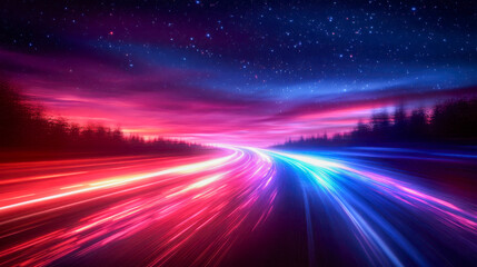 Vibrant nightscape with flowing light trails under a starry sky near a forest in a tranquil setting