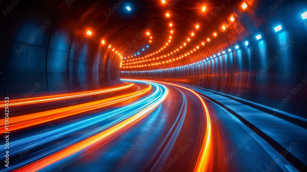 Poster bright lights and flowing colors create a captivating tunnel experience at night with a sense of mot
