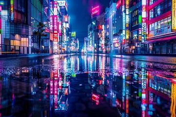Fototapeta premium Vibrant neon signs illuminate the night in Tokyo, reflected in the wet pavement after a recent rain, Capture the neon lights of Tokyo reflecting off the skyscrapers