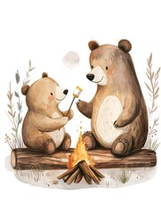 Illustration of a mother bear and baby bear sitting by a campfire roasting marshmallows, with a serene nature backdrop.